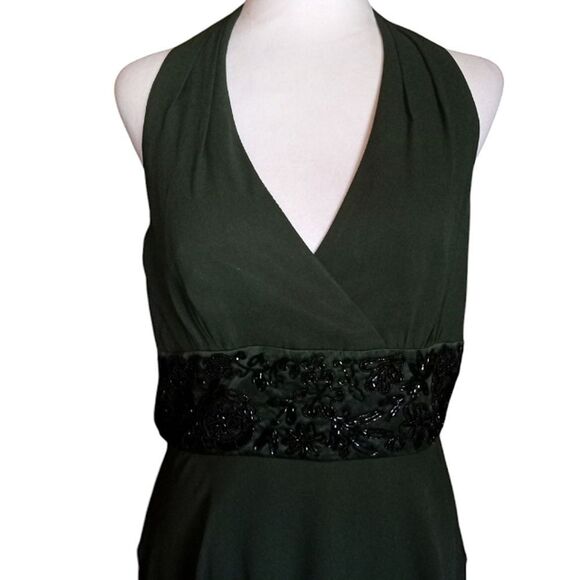 Vintage Donna Ricco Hunter Green Baby Doll Style Beaded Waist Silk Dress - Picture 7 of 8